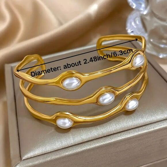 "Aubrey" Gold and Pearl Cuff Bangle Bracelet- Subtle Sophistication - Picture 3 of 3